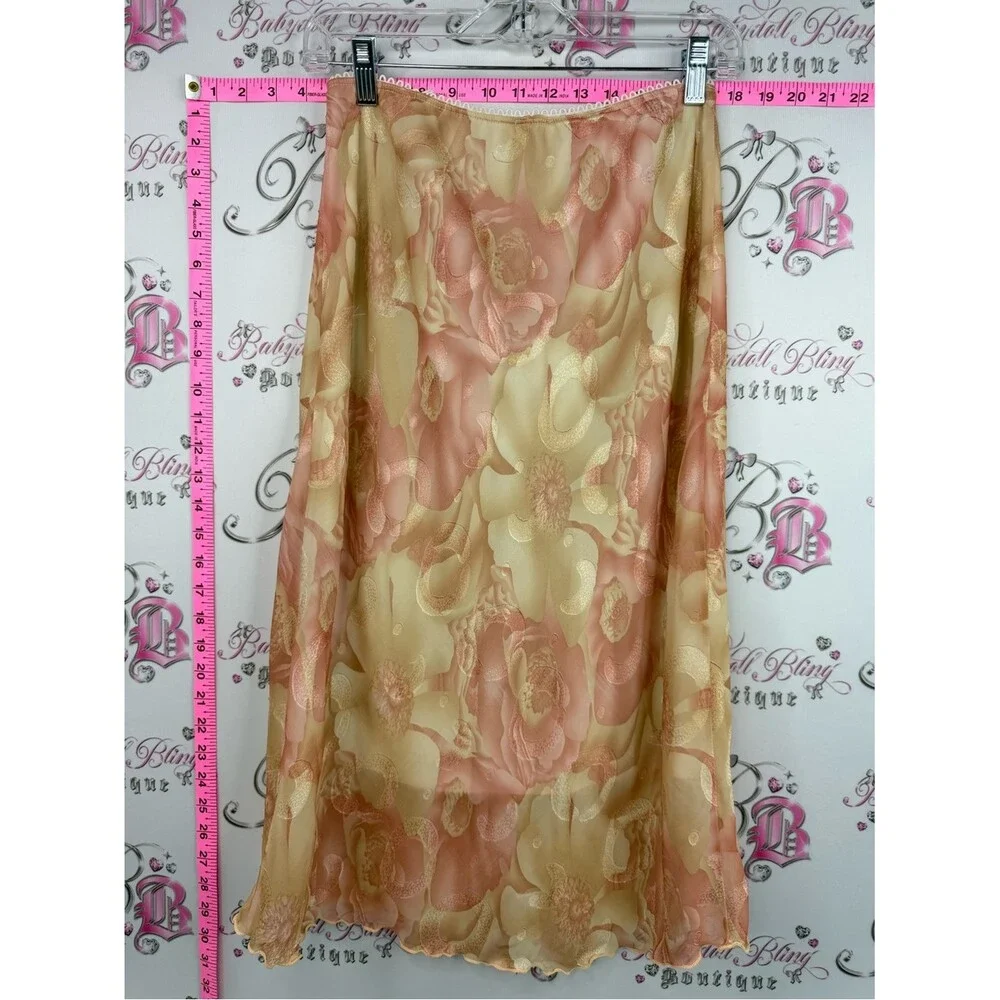 Skirt floral shiny vintage Floral Satin Slip Skirt in Peach and Cream